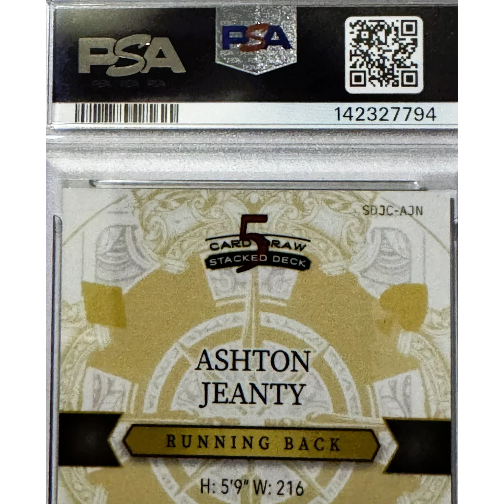 Gold and black Wild Card Stacked Deck football trading card featuring Raiders RB star Ashton Jeanty 1 of 1 PSA 10 Gem Mint