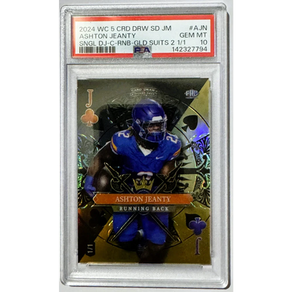 A blue and gold wild card stacked deck football card of ashton jeanty in a royal suit encased in psa 10 slab