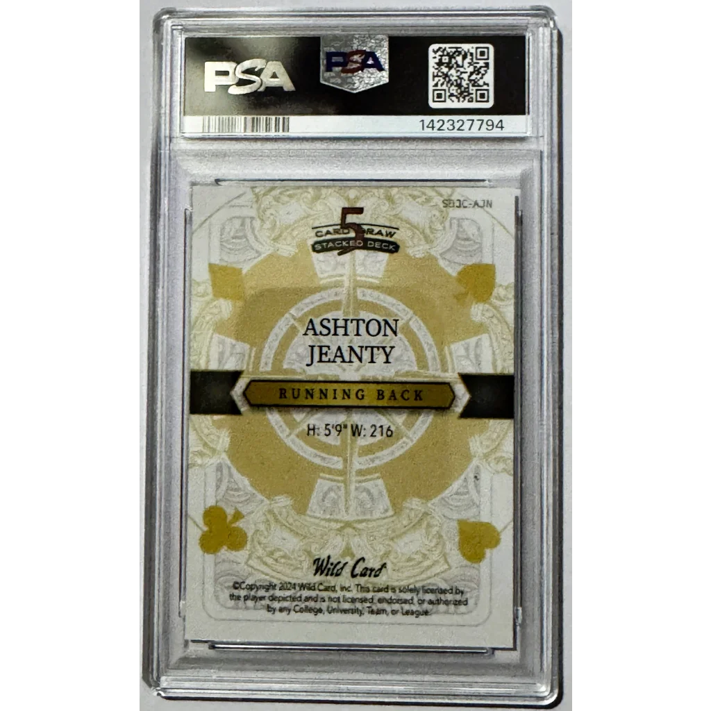 Psa graded gold and white 2024 wild card stacked deck football card of raiders running back ashton jeanty with ornate back design
