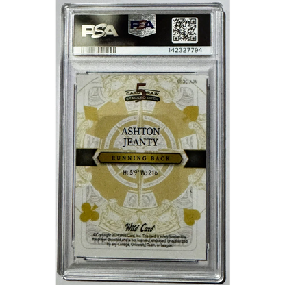 Psa graded gold and white 2024 wild card stacked deck football card of raiders running back ashton jeanty with ornate back design