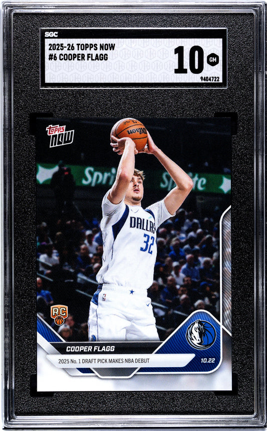 SGC-graded 10 Gem Mint Cooper Flagg rookie card in clear case showing player in white Dallas uniform shooting basketball.