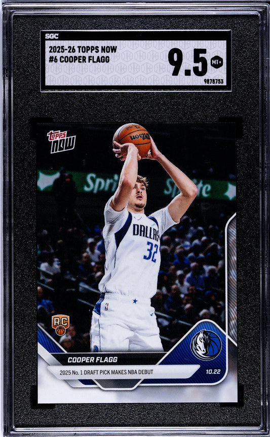 SGC 9.5 graded card showing Cooper Flagg in white Dallas Mavericks uniform shooting basketball, with black holder and grade label visible.