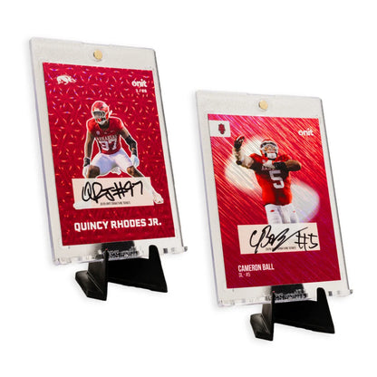 Red and white Arkansas Football platinum box trading card with autograph in holder