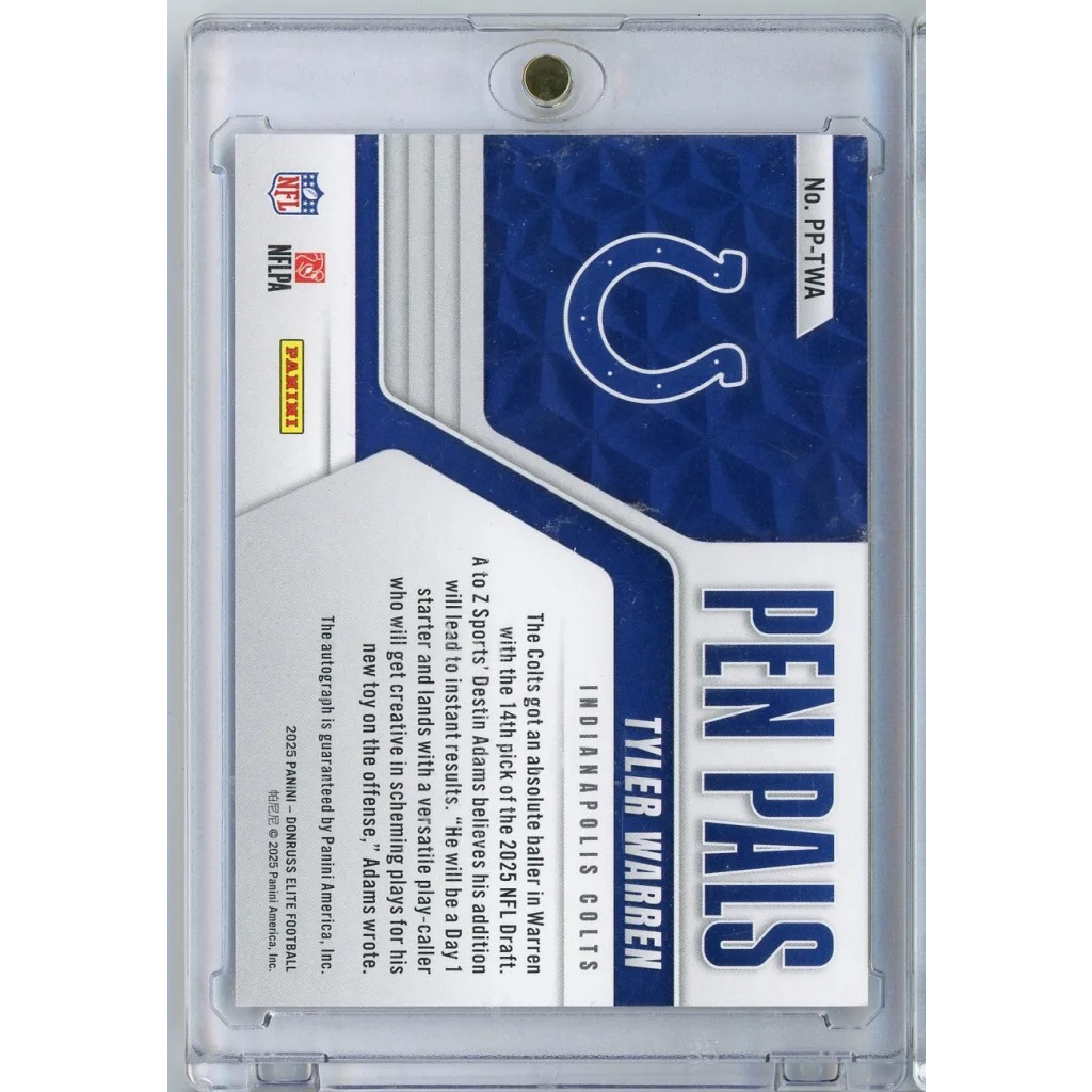 2025 Donruss Elite Pen Pals Purple Tyler Warren #PPTWA Purple Auto Rookie RC Football Card | Certified Authentic Signed Memorabilia | vintageantiquesgifts.com