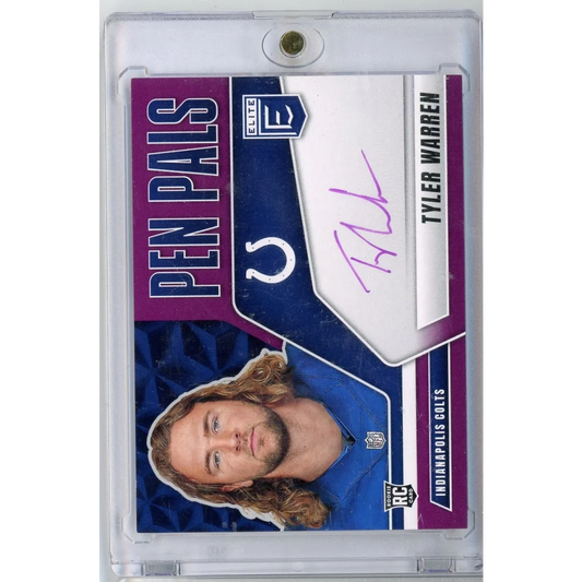 2025 Donruss Elite Pen Pals Purple Tyler Warren #PPTWA Purple Auto Rookie RC Football Card