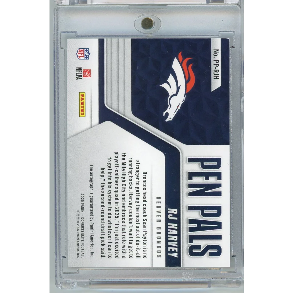 2025 Donruss Elite Pen Pals RJ Harvey #PPRJH Auto Rookie RC Football Card | Certified Authentic Signed Memorabilia | vintageantiquesgifts.com