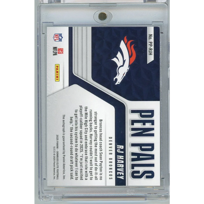 2025 Donruss Elite Pen Pals RJ Harvey #PPRJH Auto Rookie RC Football Card | Certified Authentic Signed Memorabilia | vintageantiquesgifts.com