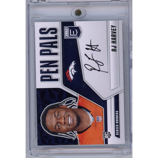 2025 Donruss Elite Pen Pals RJ Harvey #PPRJH Auto Rookie RC Football Card