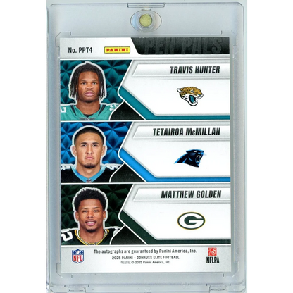 2025 Donruss Elite Pen Pals Travis Hunter/Tetairoa McMillan/Matthew Golden #PPT4 Triple Auto Rookie RC Football Card