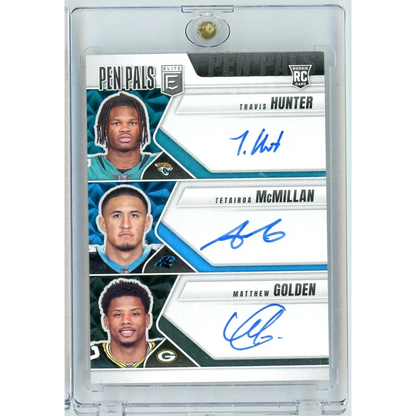 2025 Donruss Elite Pen Pals Travis Hunter/Tetairoa McMillan/Matthew Golden #PPT4 Triple Auto Rookie RC Football Card
