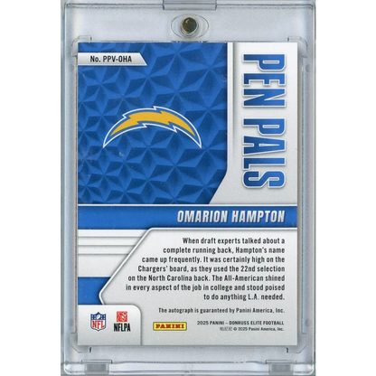 2025 Donruss Elite Pen Pals Vertical Omarion Hampton #PPVOHA Black Gold Ink Auto Rookie RC Football Card