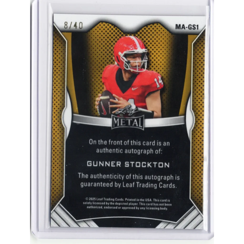 2025 Leaf Metal Gunner Stockton #MAGS1 Red Shimmer Auto /40 Georgia Bulldogs Rookie RC Football Card | Certified Authentic Signed Memorabilia | vintageantiquesgifts.com