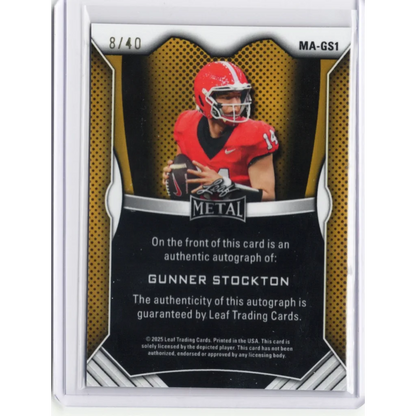 2025 Leaf Metal Gunner Stockton #MAGS1 Red Shimmer Auto /40 Georgia Bulldogs Rookie RC Football Card | Certified Authentic Signed Memorabilia | vintageantiquesgifts.com