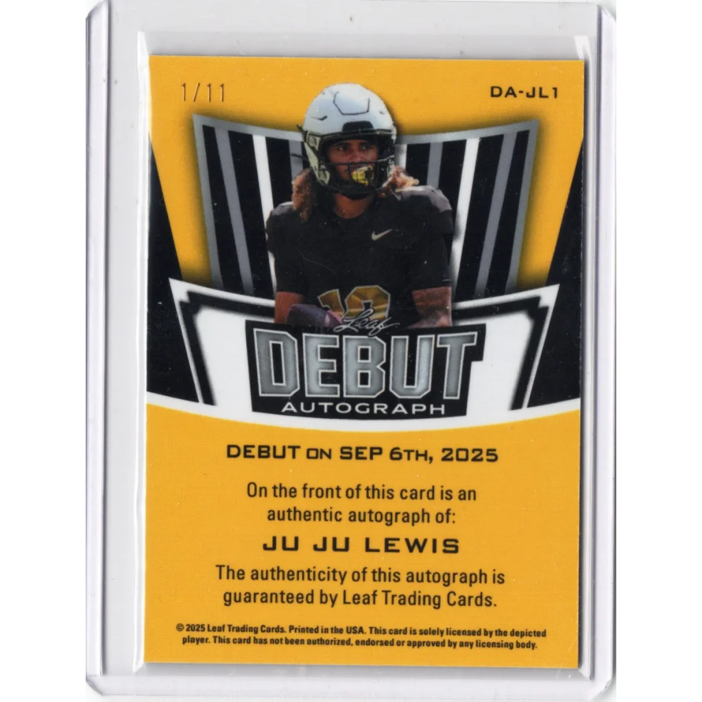 2025 Leaf Metal JuJu Lewis #DAJL1 Debut Auto /11 Colorado Buffaloes Rookie RC Football Card | Certified Authentic Signed Memorabilia | vintageantiquesgifts.com