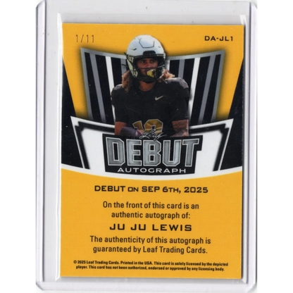 2025 Leaf Metal JuJu Lewis #DAJL1 Debut Auto /11 Colorado Buffaloes Rookie RC Football Card | Certified Authentic Signed Memorabilia | vintageantiquesgifts.com