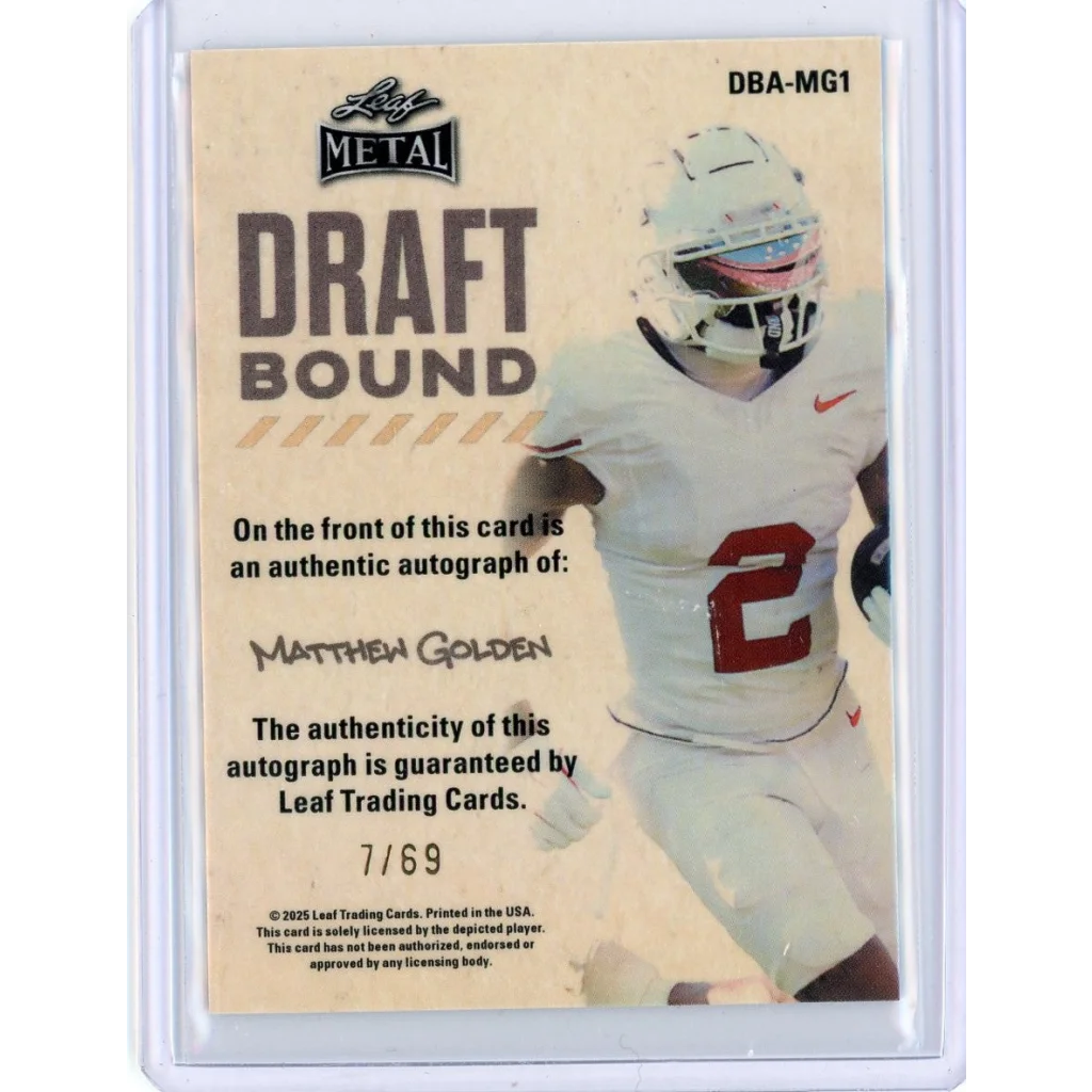 Autographed Leaf Metal Draft football card of Matthew Golden numbered 7 of 69