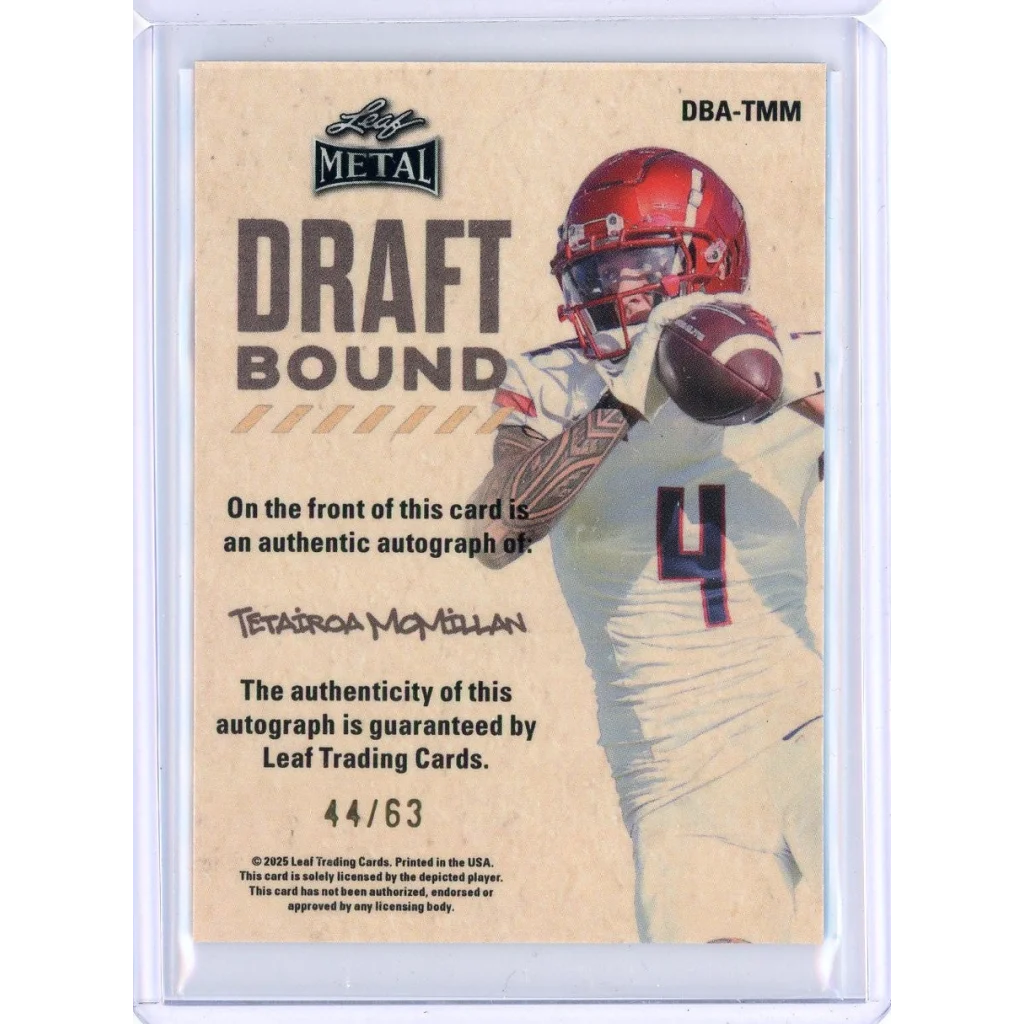 Red helmeted Tetairoa McMillan #4 football player holding football on 2025 Leaf Metal Draft Bound Silver /63 RC card