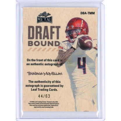 Red helmeted Tetairoa McMillan #4 football player holding football on 2025 Leaf Metal Draft Bound Silver /63 RC card