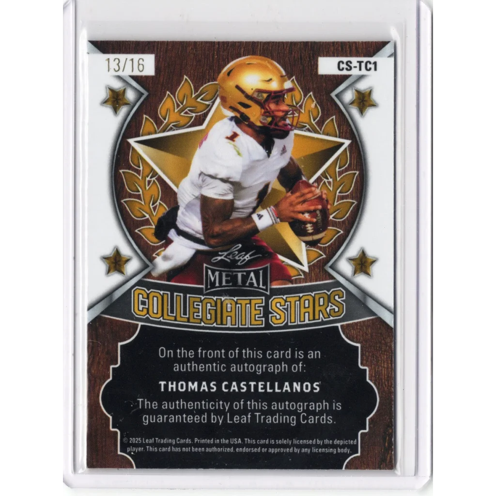 2025 Leaf Metal Thomas Castellanos #CSTC1 Collegiate Stars Auto /16 Florida State Seminoles Rookie RC Football Card | Certified Authentic Signed Memorabilia | vintageantiquesgifts.com