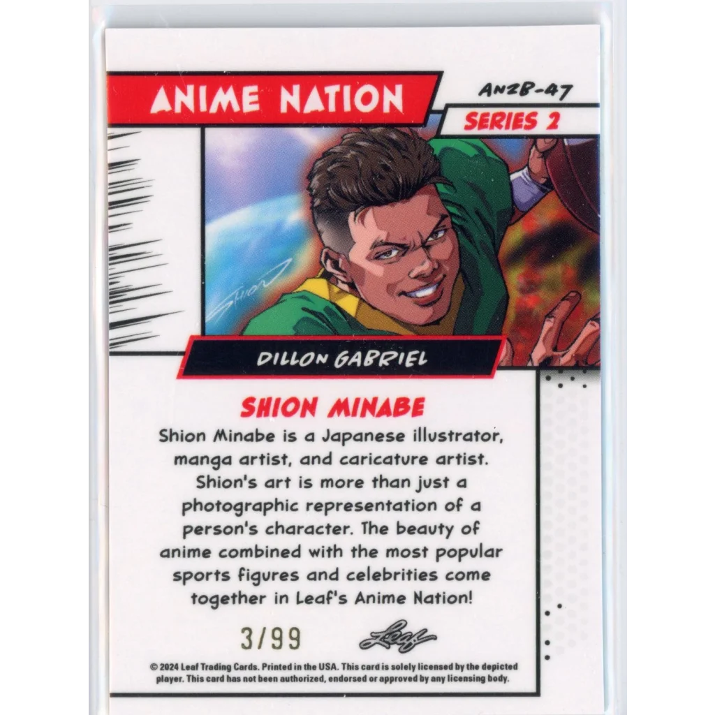 Anime-style Dillon Gabriel rookie RC football card with third party authentication and leaf web exclusives