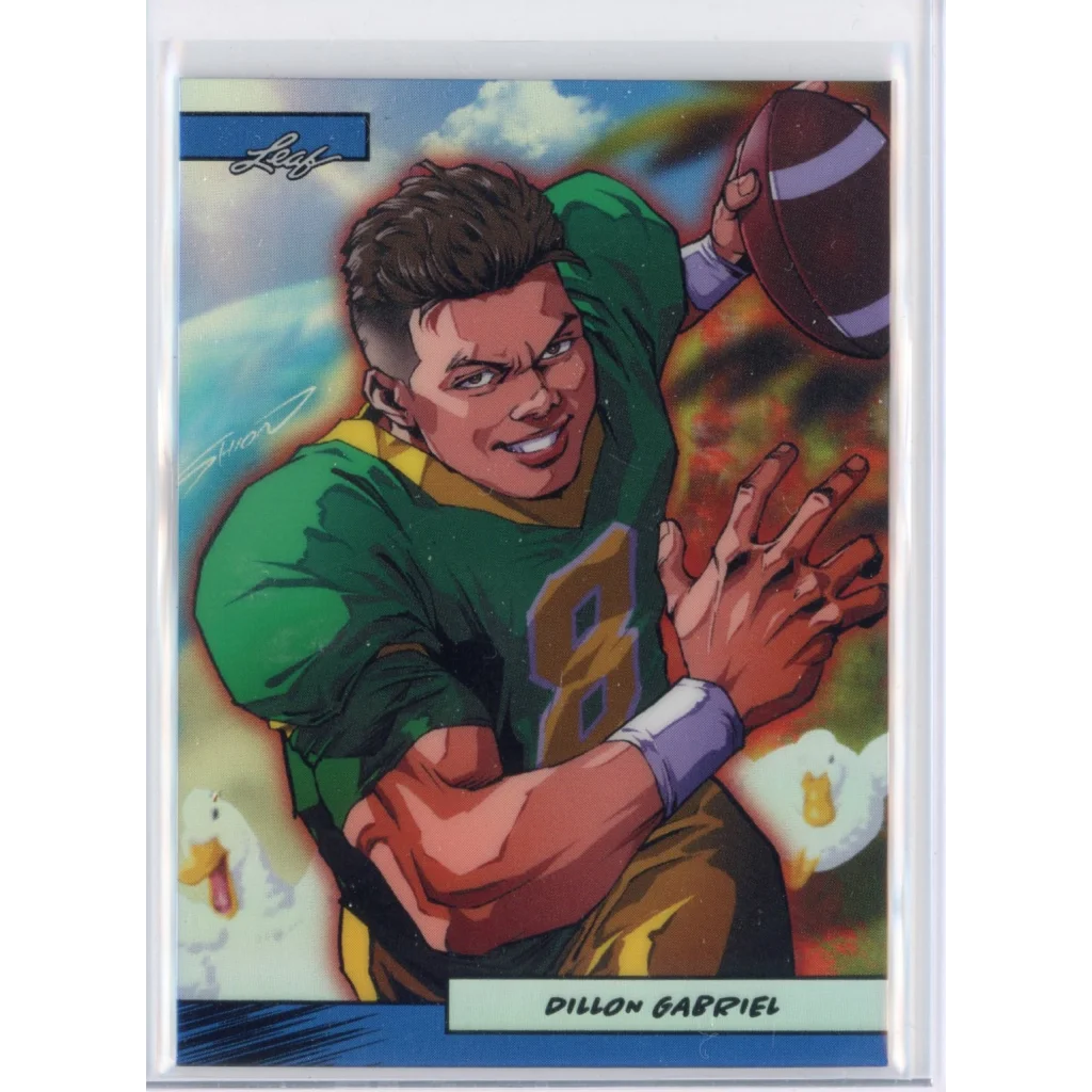 Dillon Gabriel green and gold number 8 football jersey on 2025 Leaf RC card