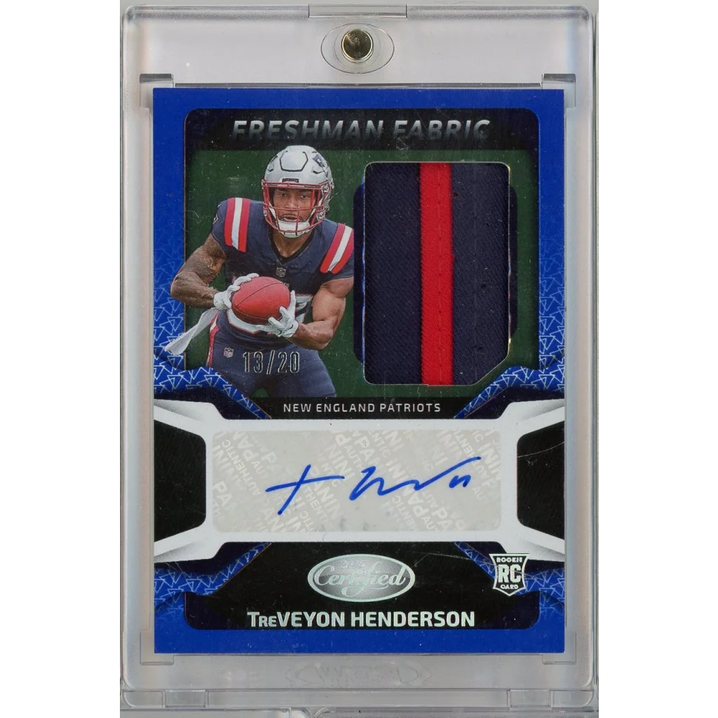 2025 Panini Certified Freshman Fabric TreVeyon Henderson #FBCTHN /20 Relic Auto Patriots Rookie RC Football Card | Hall of Fame Sports Memorabilia | vintageantiquesgifts.com