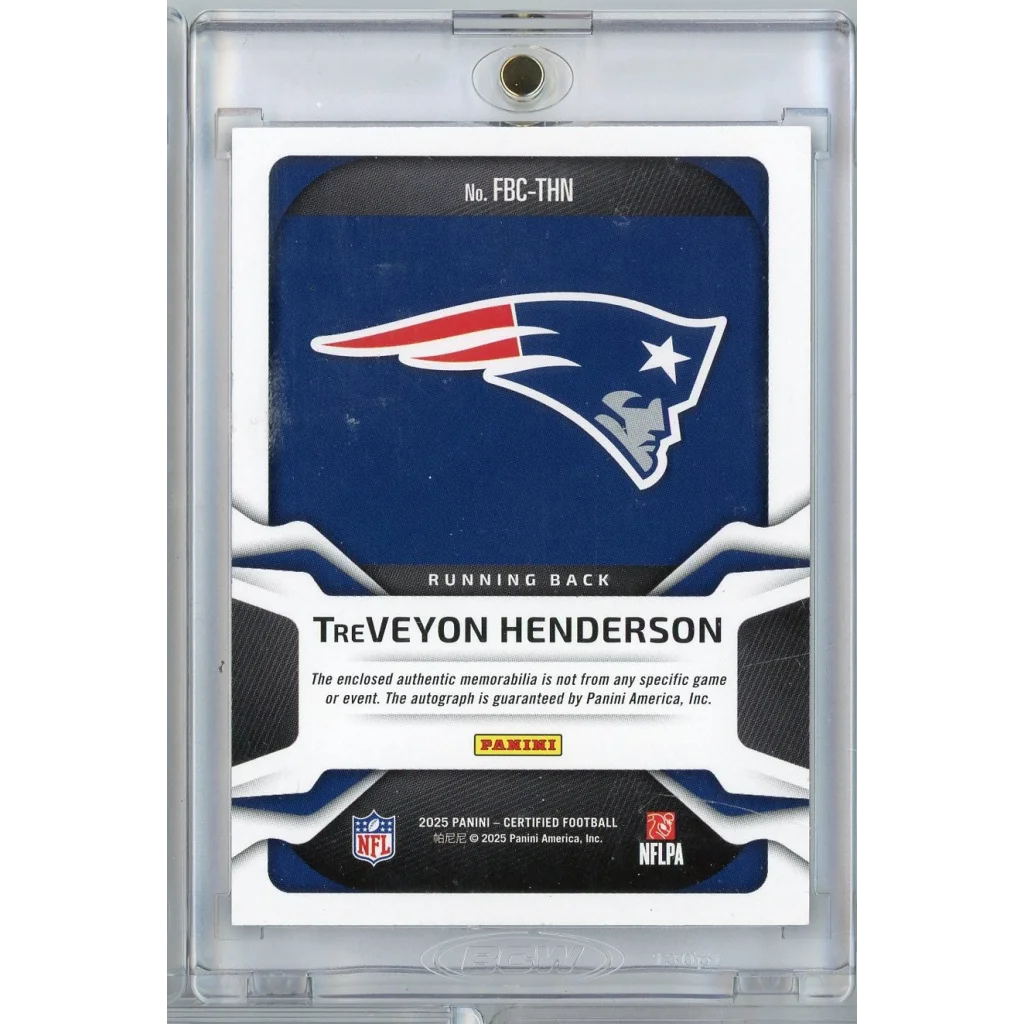 2025 Panini Certified Freshman Fabric TreVeyon Henderson #FBCTHN /20 Relic Auto Patriots Rookie RC Football Card | Certified Authentic Signed Memorabilia | vintageantiquesgifts.com