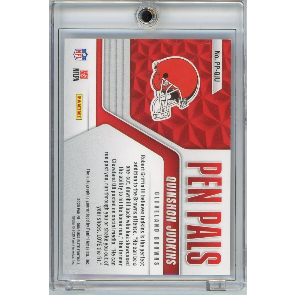 2025 Panini Donruss Elite Pen Pals Blue Quinshon Judkins #PPQJU Auto Cleveland Browns Rookie RC Football Card | Certified Authentic Signed Memorabilia | vintageantiquesgifts.com