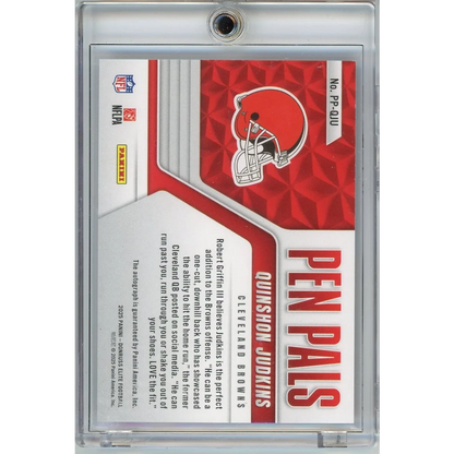 2025 Panini Donruss Elite Pen Pals Blue Quinshon Judkins #PPQJU Auto Cleveland Browns Rookie RC Football Card | Certified Authentic Signed Memorabilia | vintageantiquesgifts.com