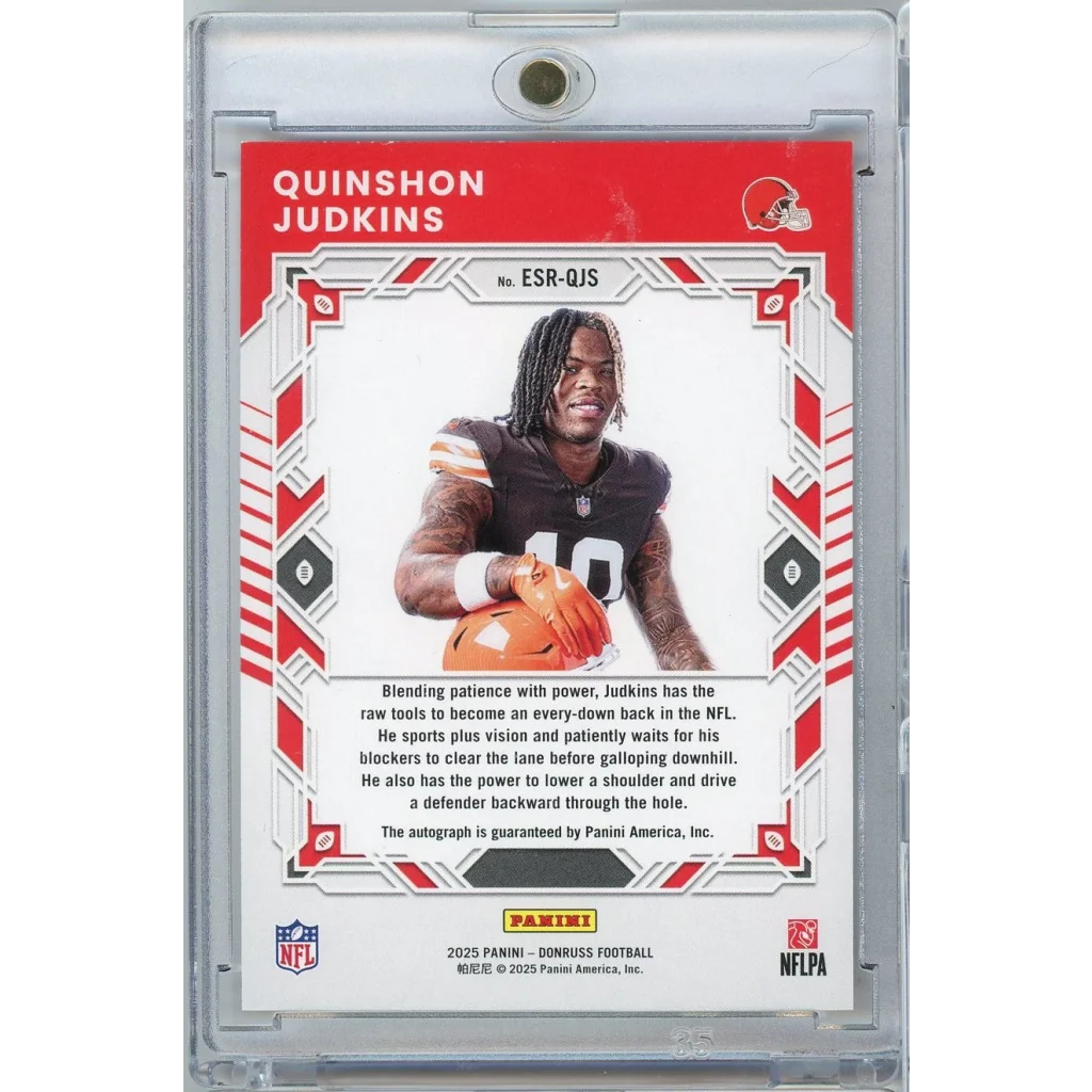 2025 Panini Donruss Quinshon Judkins #ESR-QJS Elite Series Rookies Auto /99 Cleveland Browns Rookie RC Football Card | Certified Authentic Signed Memorabilia | vintageantiquesgifts.com