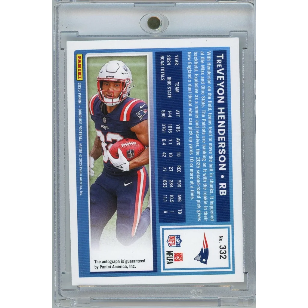 2025 Panini Donruss TreVeyon Henderson #332 /199 Auto New England Patriots Rookie RC Football Card