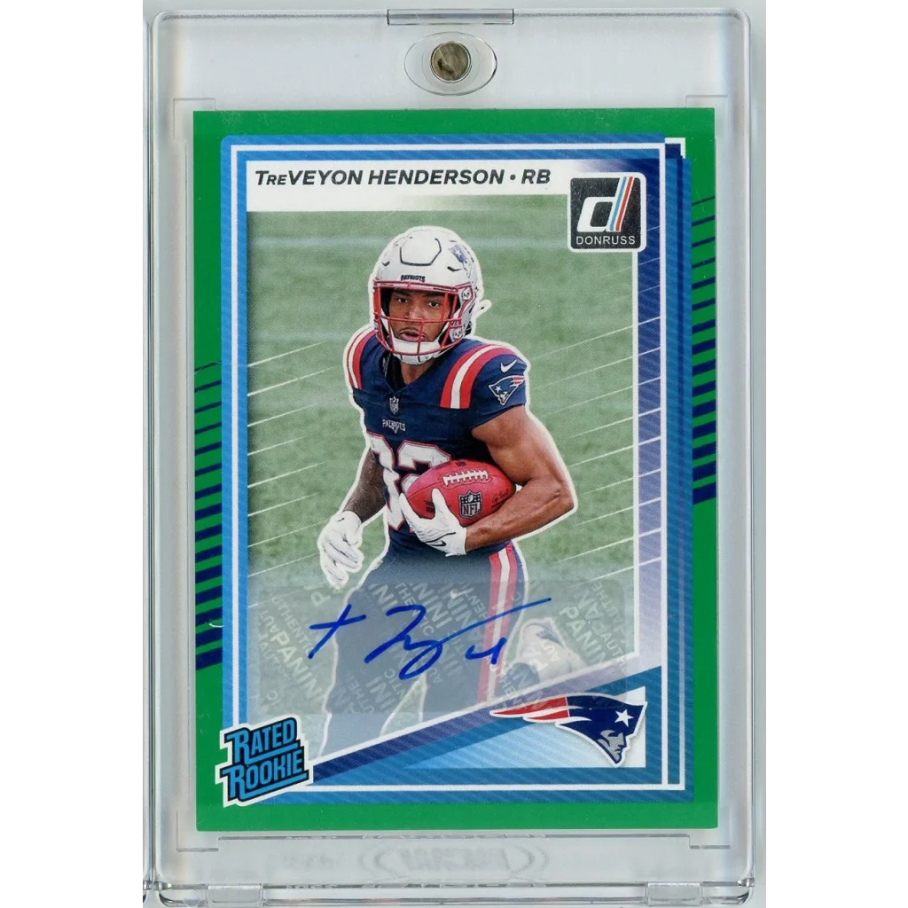 2025 Panini Donruss TreVeyon Henderson 332 Green Auto New England Patriots Rookie RC Football Card | Hall of Fame Sports Memorabilia | vintageantiquesgifts.com