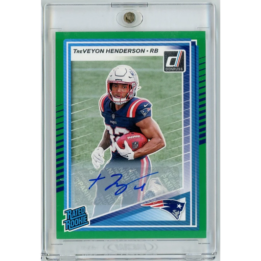 2025 Panini Donruss TreVeyon Henderson 332 Green Auto New England Patriots Rookie RC Football Card | Hall of Fame Sports Memorabilia | vintageantiquesgifts.com
