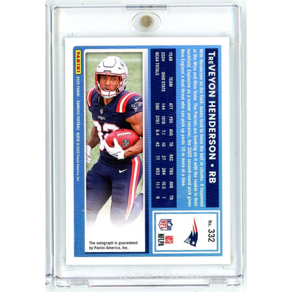 2025 Panini Donruss TreVeyon Henderson 332 Green Auto New England Patriots Rookie RC Football Card | Autograph Rookie RC Football Card | vintageantiquesgifts.com