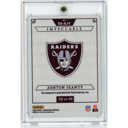 2025 Panini Impeccable Ashton Jeanty #SSAJY Stainless Stars Rookie Auto /49 Las Vegas Raiders Rookie RC Football Card | Certified Authentic Signed Memorabilia | vintageantiquesgifts.com