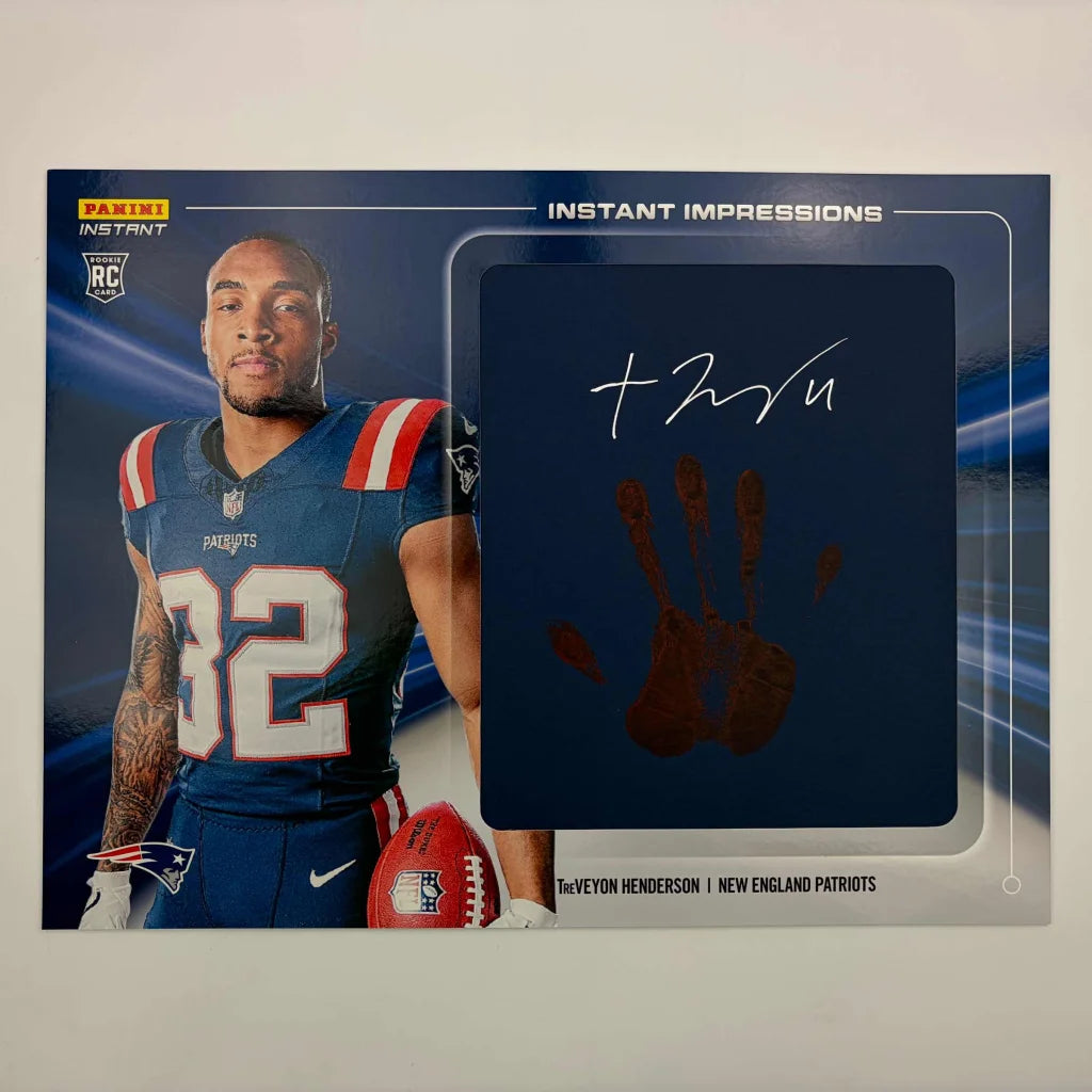 2025 Panini Instant Impressions NFL TreVeyon Henderson #II-13 Hand Print Auto /10 New England Patriots Rookie RC Oversized Football Card | Hall of Fame Sports Memorabilia | vintageantiquesgifts.com