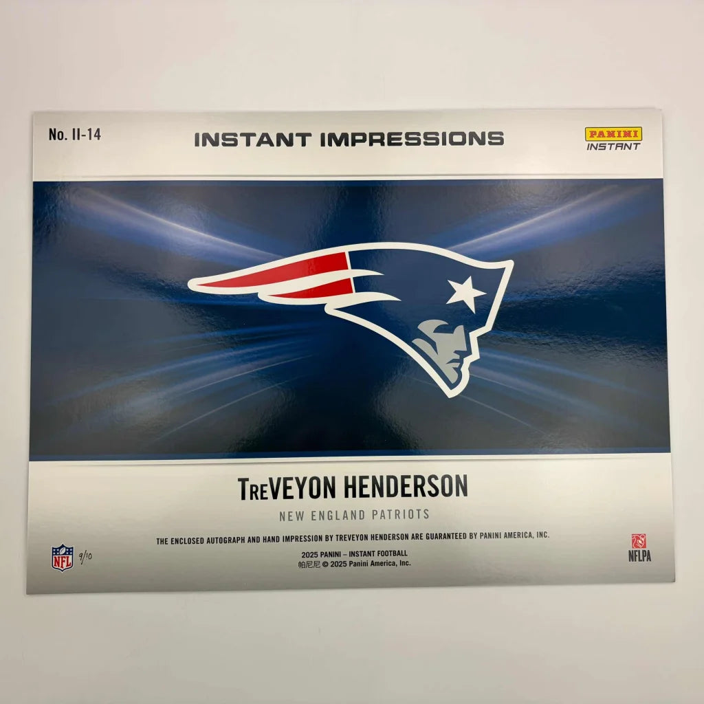 2025 Panini Instant Impressions NFL TreVeyon Henderson #II-13 Hand Print Auto /10 New England Patriots Rookie RC Oversized Football Card | Authenticated Signed Sports Collectible | vintageantiquesgifts.com
