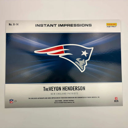 2025 Panini Instant Impressions NFL TreVeyon Henderson #II-13 Hand Print Auto /10 New England Patriots Rookie RC Oversized Football Card | Authenticated Signed Sports Collectible | vintageantiquesgifts.com