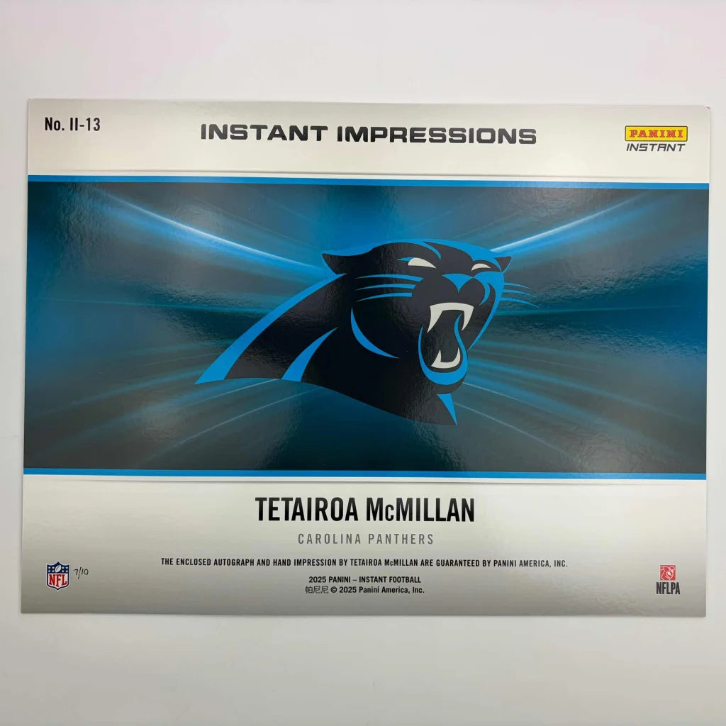 2025 Panini Instant Impressions Tetairoa McMillan #II-13 Hand Print Auto /10 Carolina Panthers Rookie RC Oversized Football Card | Authenticated Signed Sports Collectible | vintageantiquesgifts.com