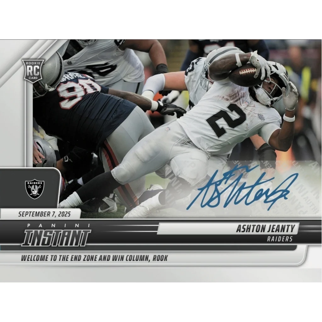 2025 Panini Instant NFL Ashton Jeanty #55 Auto /99 Las Vegas Raiders Rookie RC Football Card | Hall of Fame Sports Memorabilia | vintageantiquesgifts.com