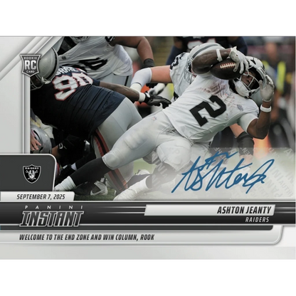 2025 Panini Instant NFL Ashton Jeanty #55 Auto /99 Las Vegas Raiders Rookie RC Football Card | Hall of Fame Sports Memorabilia | vintageantiquesgifts.com