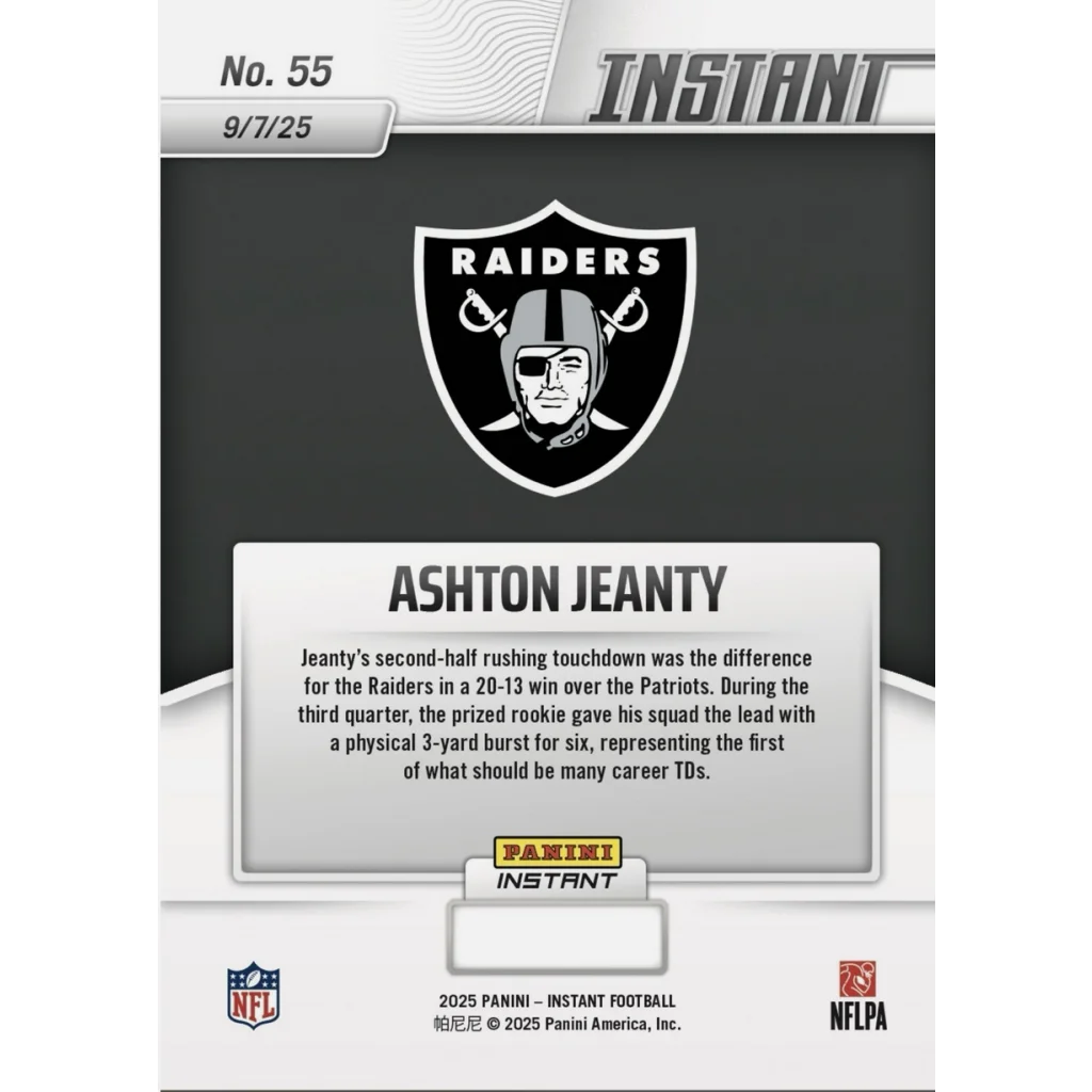 2025 Panini Instant NFL Ashton Jeanty #55 Auto /99 Las Vegas Raiders Rookie RC Football Card | Certified Authentic Signed Memorabilia | vintageantiquesgifts.com