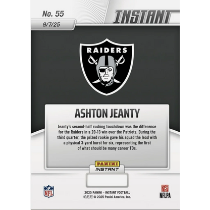 2025 Panini Instant NFL Ashton Jeanty #55 Auto /99 Las Vegas Raiders Rookie RC Football Card | Certified Authentic Signed Memorabilia | vintageantiquesgifts.com