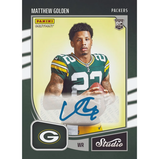 2025 Panini Instant NFL Matthew Golden #SR21 Studio Rookies Auto /99 Green Bay Packers Rookie RC Football Card | Hall of Fame Sports Memorabilia | vintageantiquesgifts.com