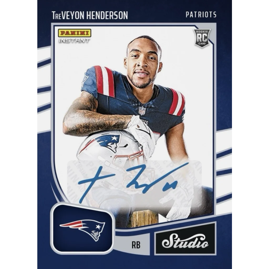 2025 Panini Instant NFL TreVeyon Henderson #SR37 Studio Rookies Auto /99 New England Patriots Rookie RC Football Card | Hall of Fame Sports Memorabilia | vintageantiquesgifts.com