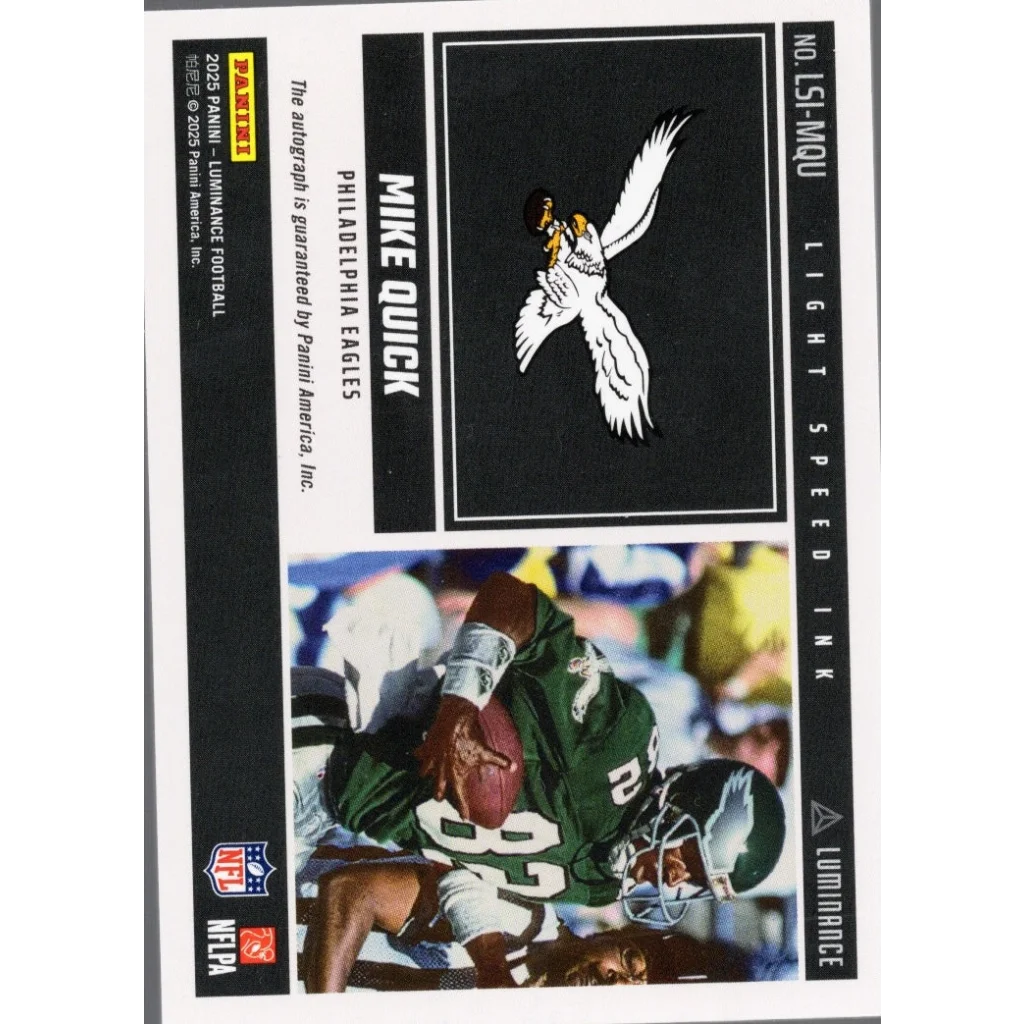 Autographed Mike Quick Philadelphia Eagles card from 2025 Panini Luminance /100