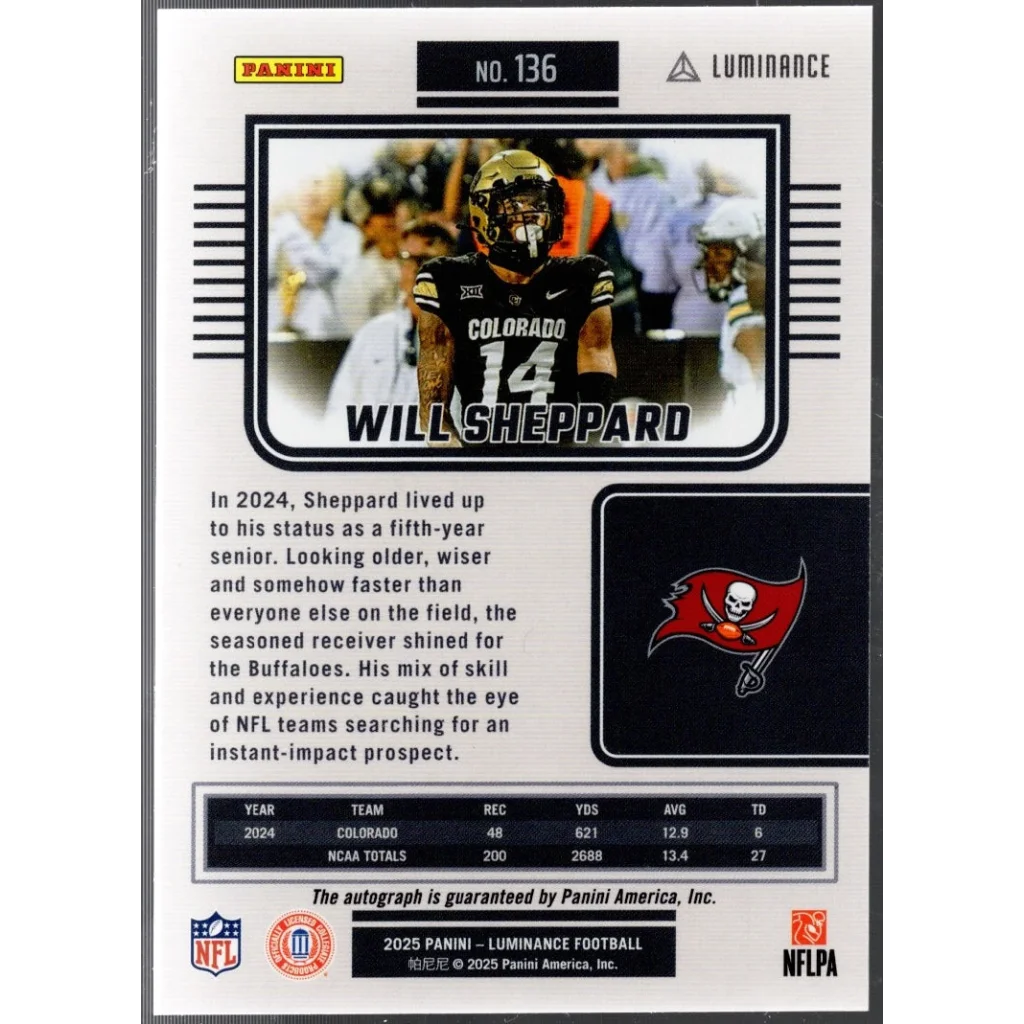2025 Panini Luminance Will Sheppard #136 Auto /700 Tampa Bay Buccaneers Rookie RC Football Card | Certified Authentic Signed Memorabilia | vintageantiquesgifts.com