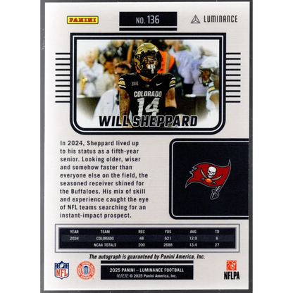 2025 Panini Luminance Will Sheppard #136 Auto /700 Tampa Bay Buccaneers Rookie RC Football Card | Certified Authentic Signed Memorabilia | vintageantiquesgifts.com