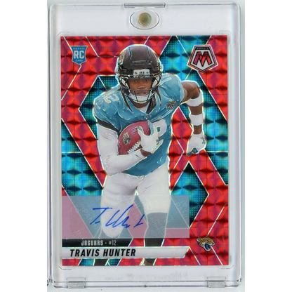 2025 Panini Mosaic Travis Hunter 301 199 Red Mosaic Auto Rookie RC Football Card | Hall of Fame Sports Memorabilia | vintageantiquesgifts.com