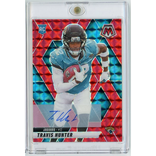 2025 Panini Mosaic Travis Hunter 301 199 Red Mosaic Auto Rookie RC Football Card | Hall of Fame Sports Memorabilia | vintageantiquesgifts.com